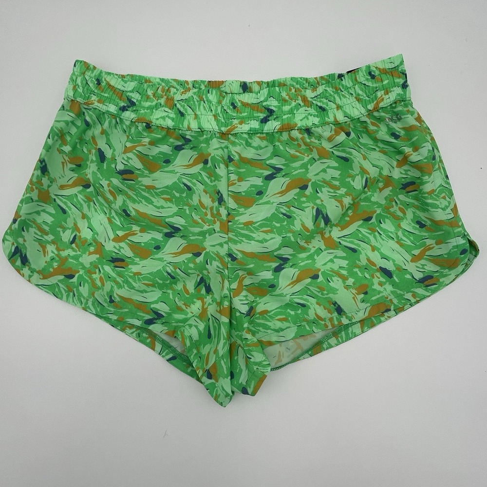 DSG Women's Stride Running Shorts Size Medium Green Mini Camo Brief Lined 3"